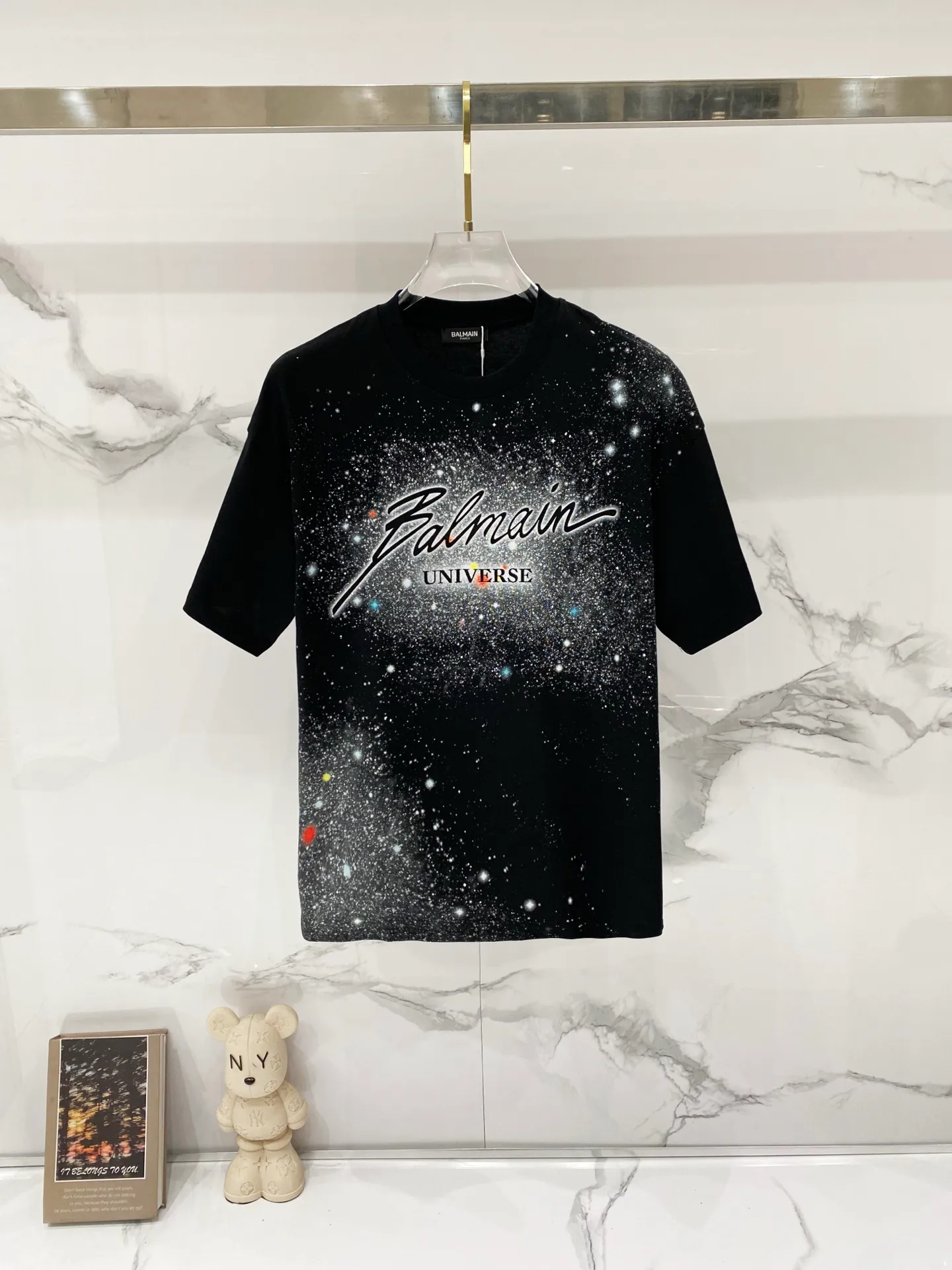 BALMAIN/Balmain - pure cotton gram round neck T-shirt signed ✍️letter starry sky🌃 inkjet printing LOGO pure original Quality original fabric 100% cotton Versatile fashion light luxury trend tag collar label washable three labels complete Size: XS-L Color: Black.White